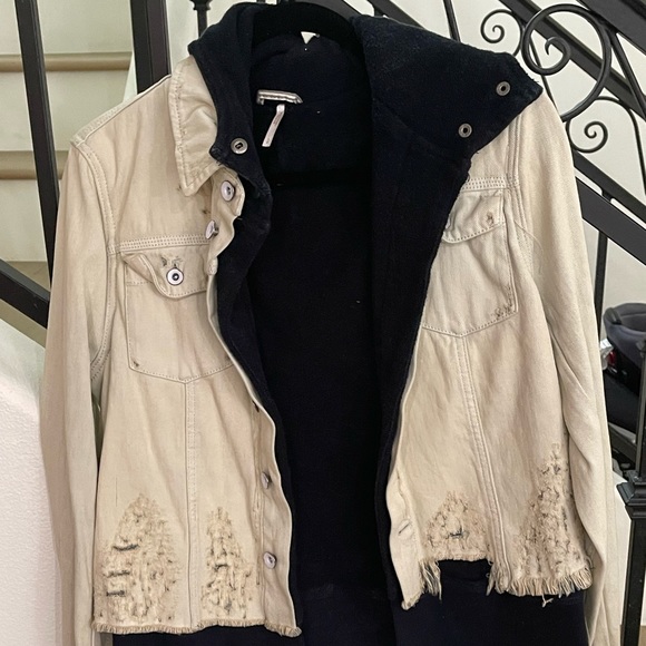 Free People Distressed Hooded Denim Jacket - Picture 2 of 7